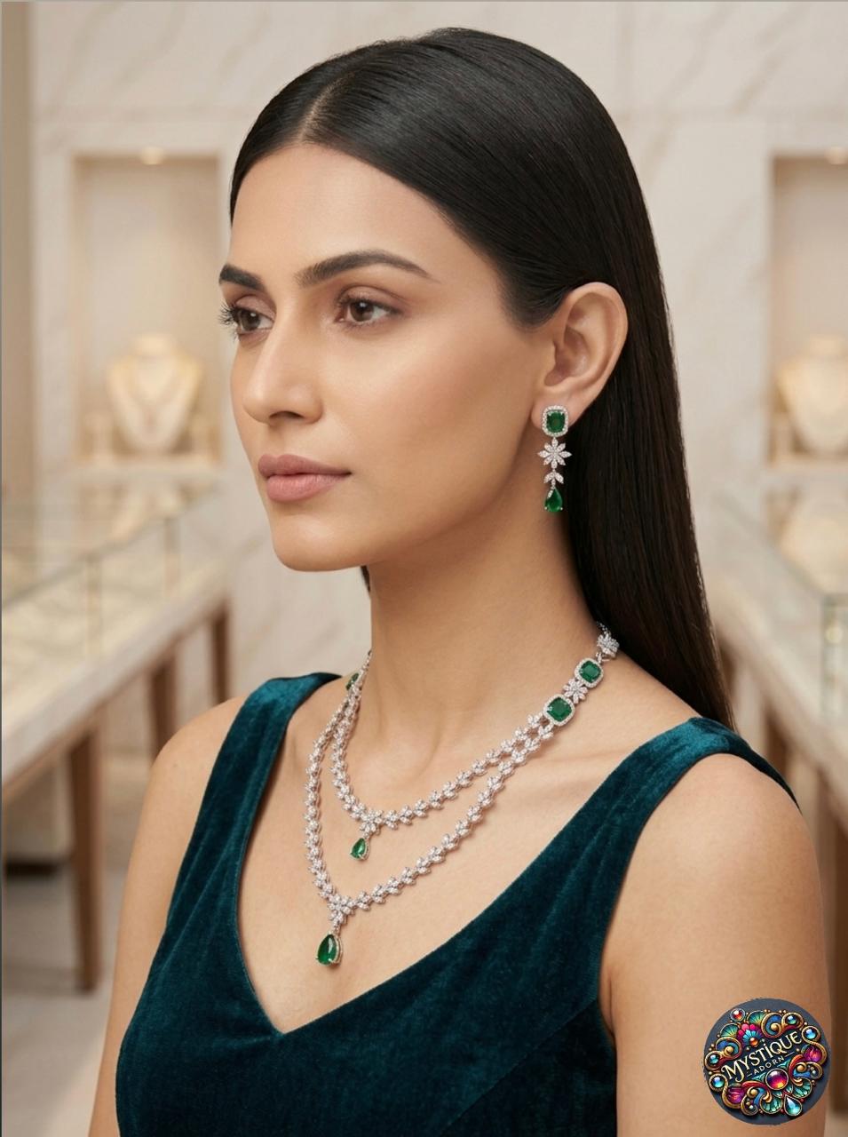 Emerald Elegance Layered Necklace Set - Image 3